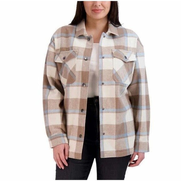 HFX Flannel Shirt Jacket Women's Medium Plaid Neutral Heavy Fleece Fall NWT - Picture 1 of 11